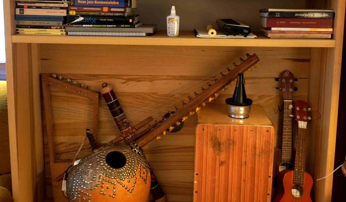 Instrumentenschrank mit Saiten- und Percussioninstrumenten im Wohnraum